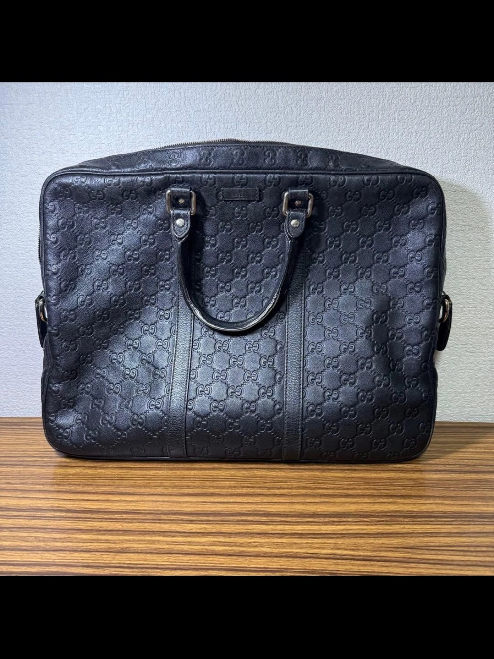 Gucci Black Embossed GG Leather Briefcase with Top Handles
